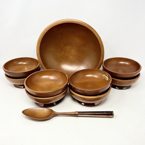 Beautywood Salad 8 Small Wood Bowls & One Large Oval Serving Copper Base Spoon